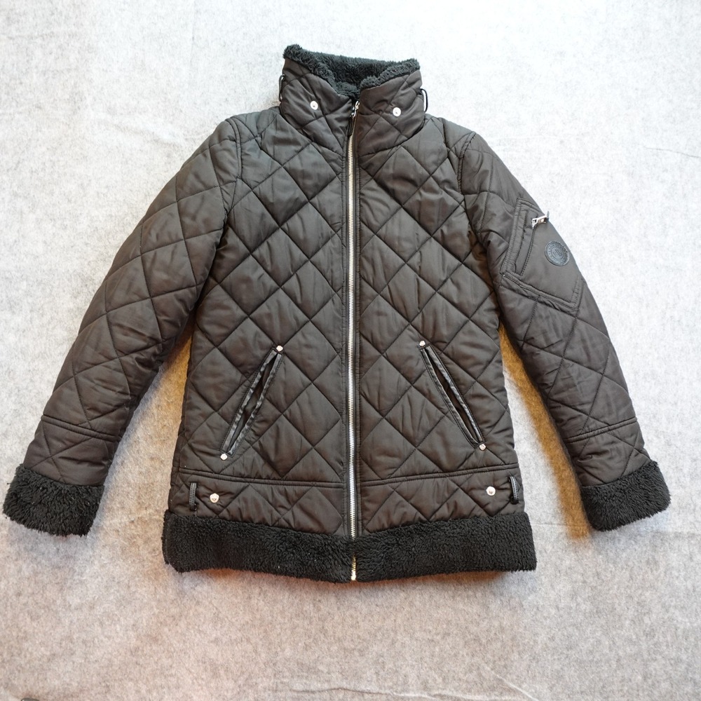 Ralph‎ Lauren Coat Women Extra Small Black Quilted Sherpa Trim Faux Leather